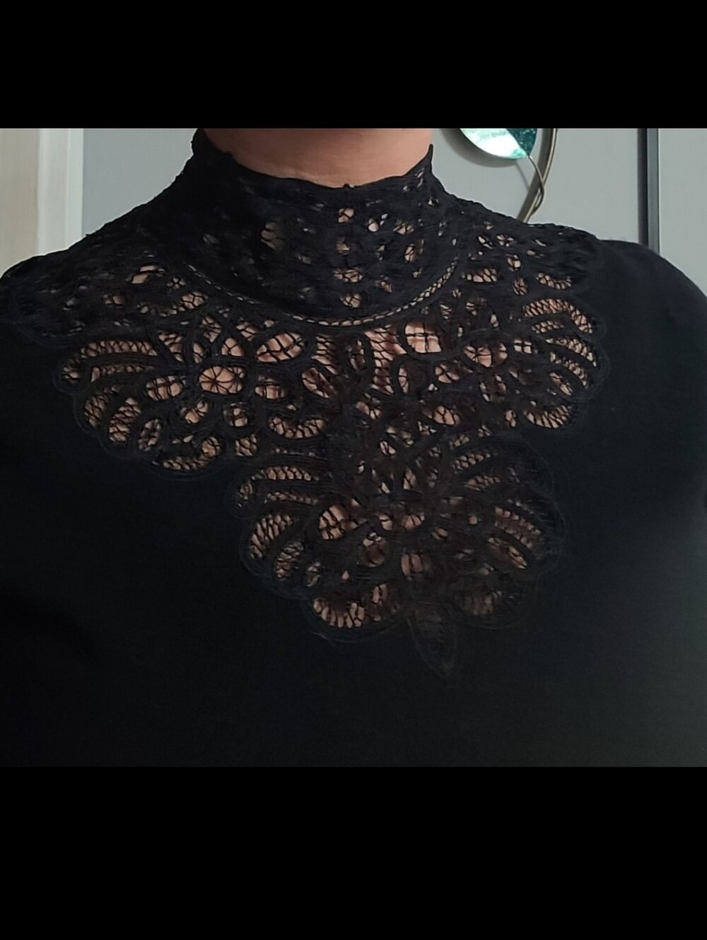 Lauren Ralph Lauren Black Lace Yoke Mock Neck Merino Wool Cashmere Sweater Large